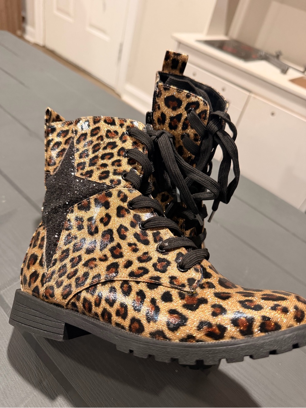 Girls Leopard Print Lace-Up Combat Boots with Black Glitter Star